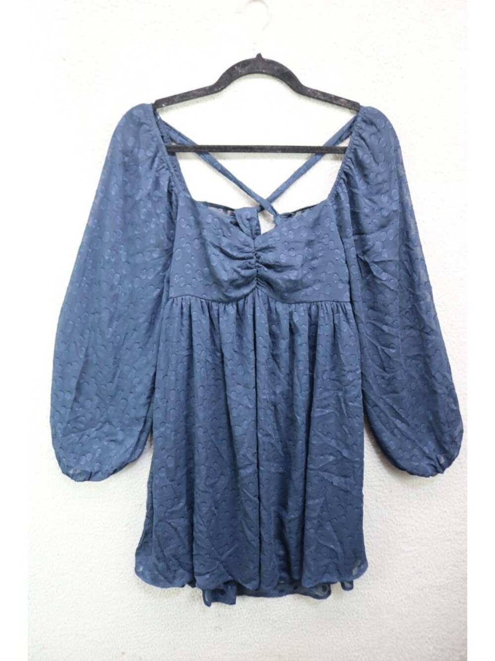 Audrey Parks Francesca's Blue Sheer Long Puff Sleeves Babydoll Mini Dress-NWT
